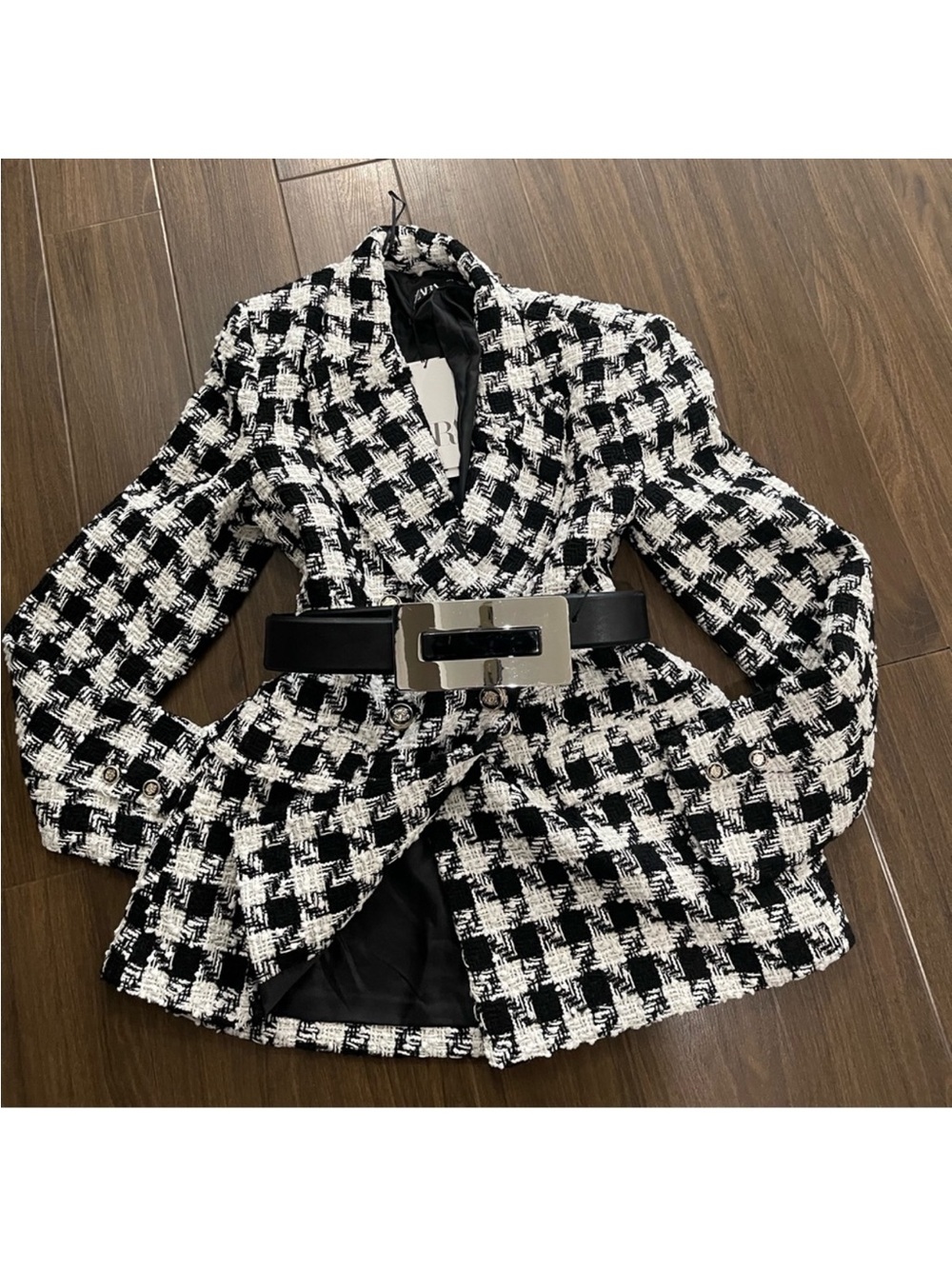Zara Black and White Houndstooth Tweed Blazer with Belt